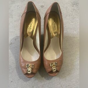 Michael Kors Brown Peep-Toe Heels with Gold Embellishment